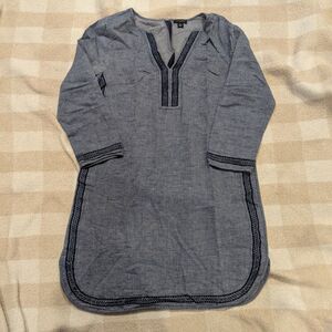 Ann Taylor Boho Chambray Tunic Dress Small Cotton Linen Embroidered Blue